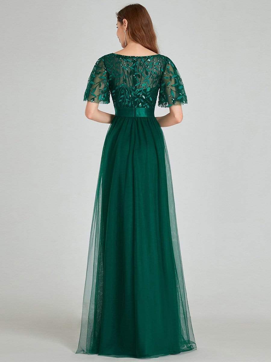 Color=Dark Green | Women'S A-Line Short Sleeve Embroidery Floor Length Evening Dresses-Dark Green 2