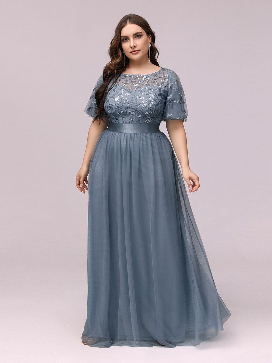 COLOR=Dusty Navy | Plus Size Women'S Embroidery Evening Dresses With Short Sleeve-Dusty Navy 3