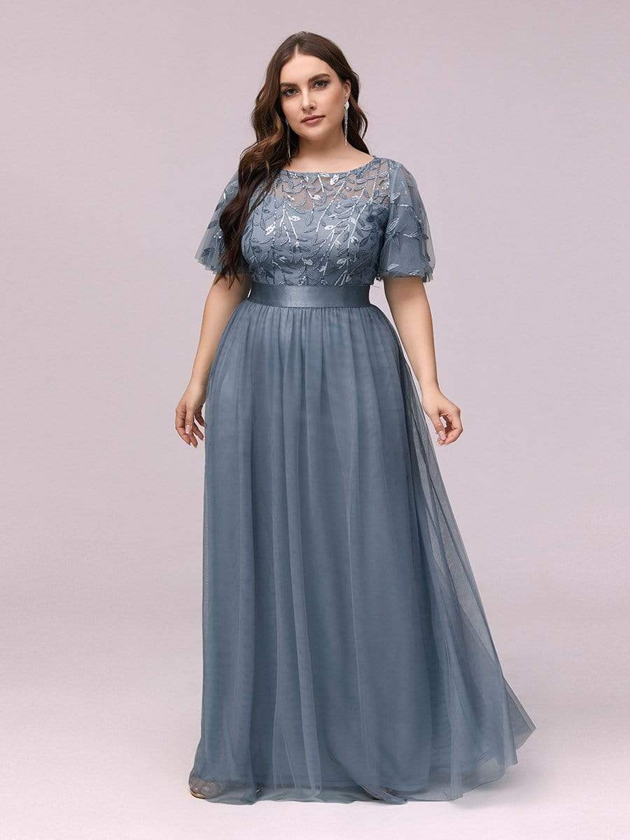 COLOR=Dusty Navy | Women'S A-Line Short Sleeve Embroidery Floor Length Evening Dresses-Dusty Navy 7