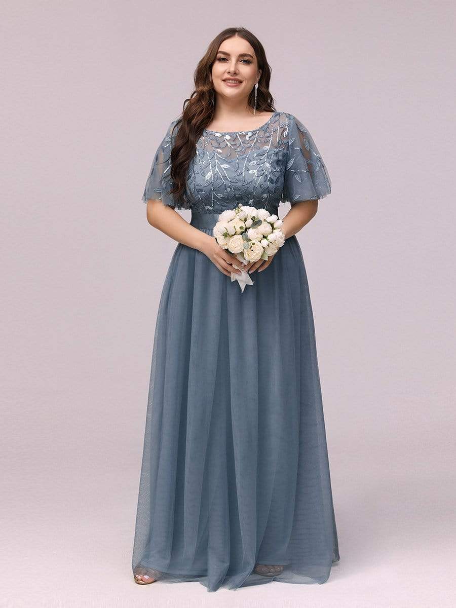 COLOR=Dusty Navy | Women'S A-Line Short Sleeve Embroidery Floor Length Evening Dresses-Dusty Navy 6