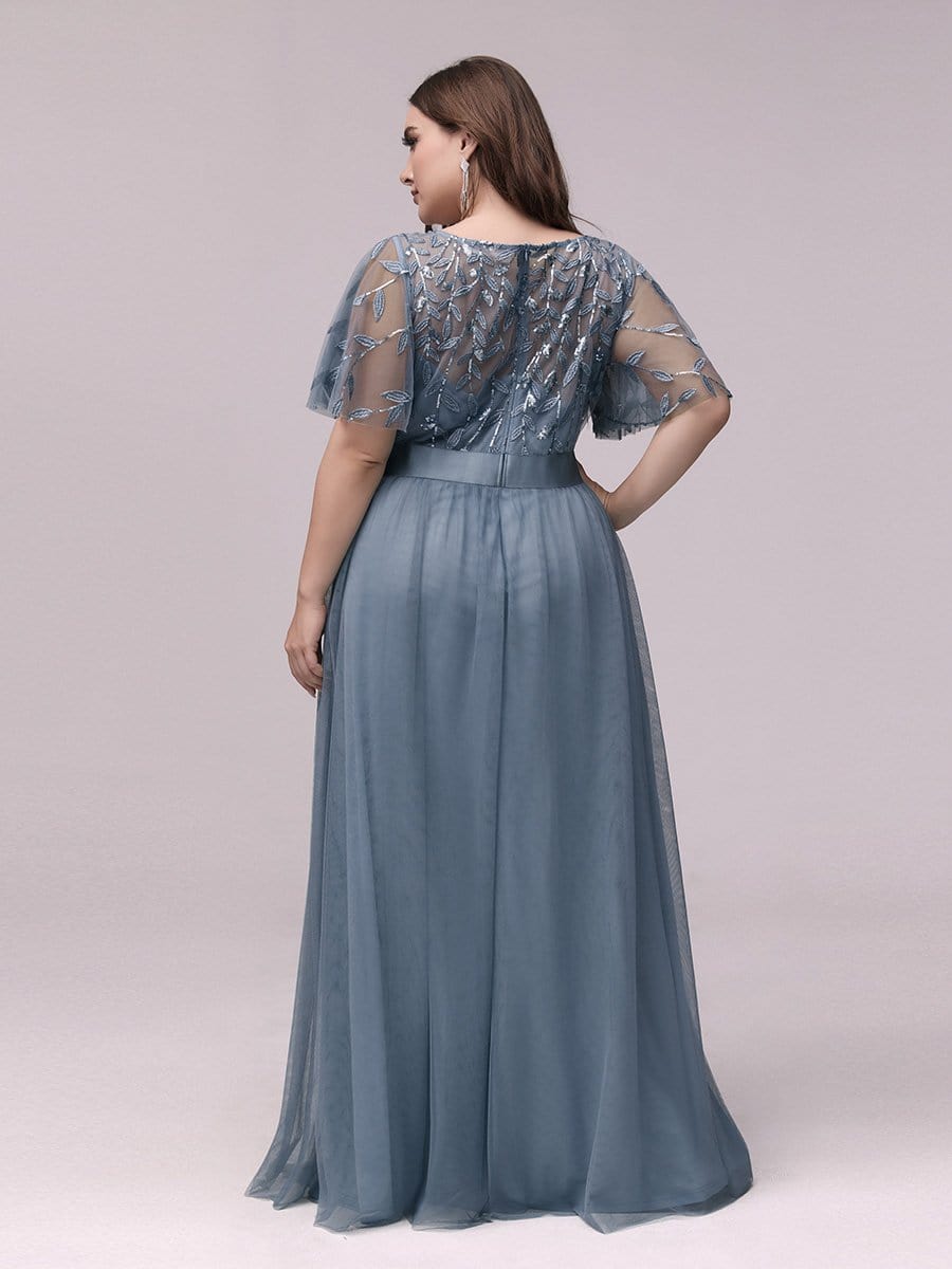 COLOR=Dusty Navy | Plus Size Women'S Embroidery Evening Dresses With Short Sleeve-Dusty Navy 2