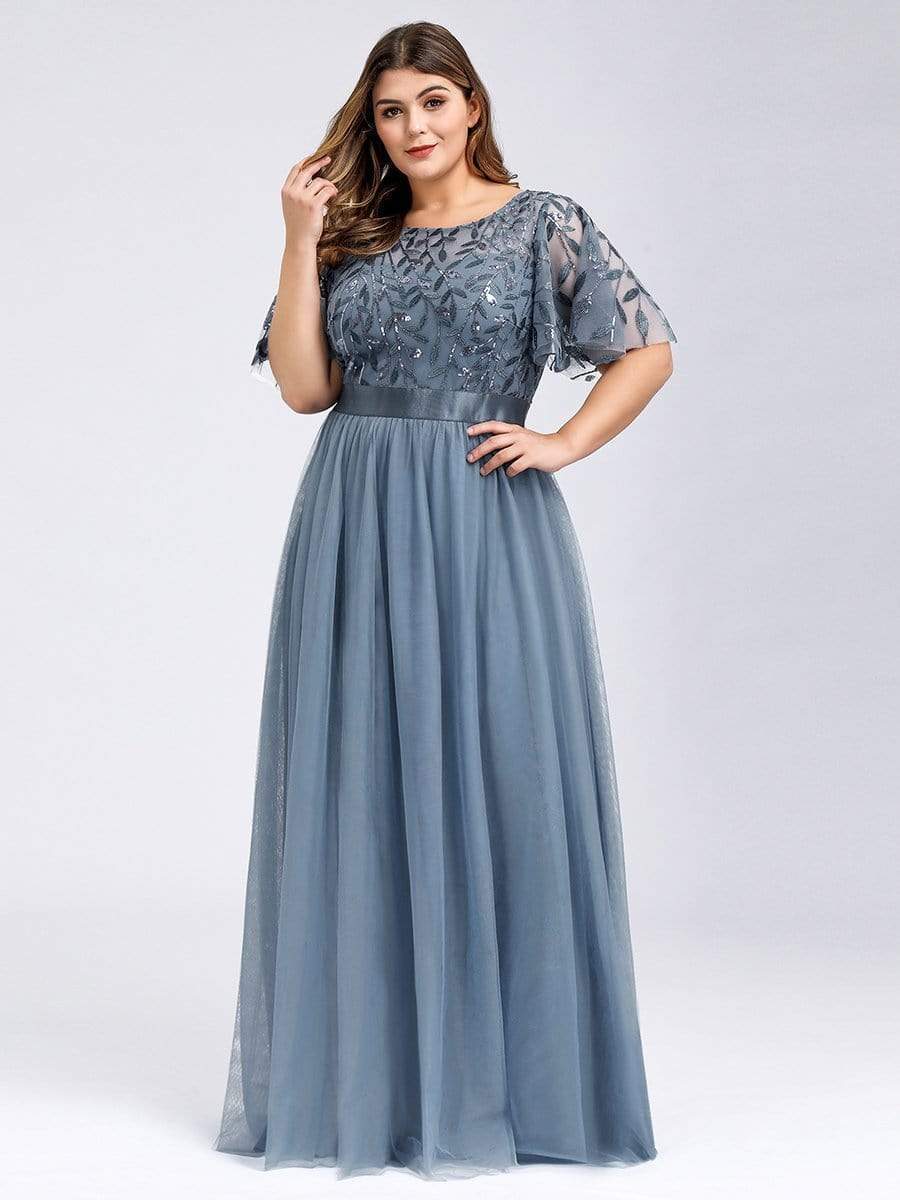 Women's A-Line Short Sleeve Embroidery Floor Length Evening Dresses