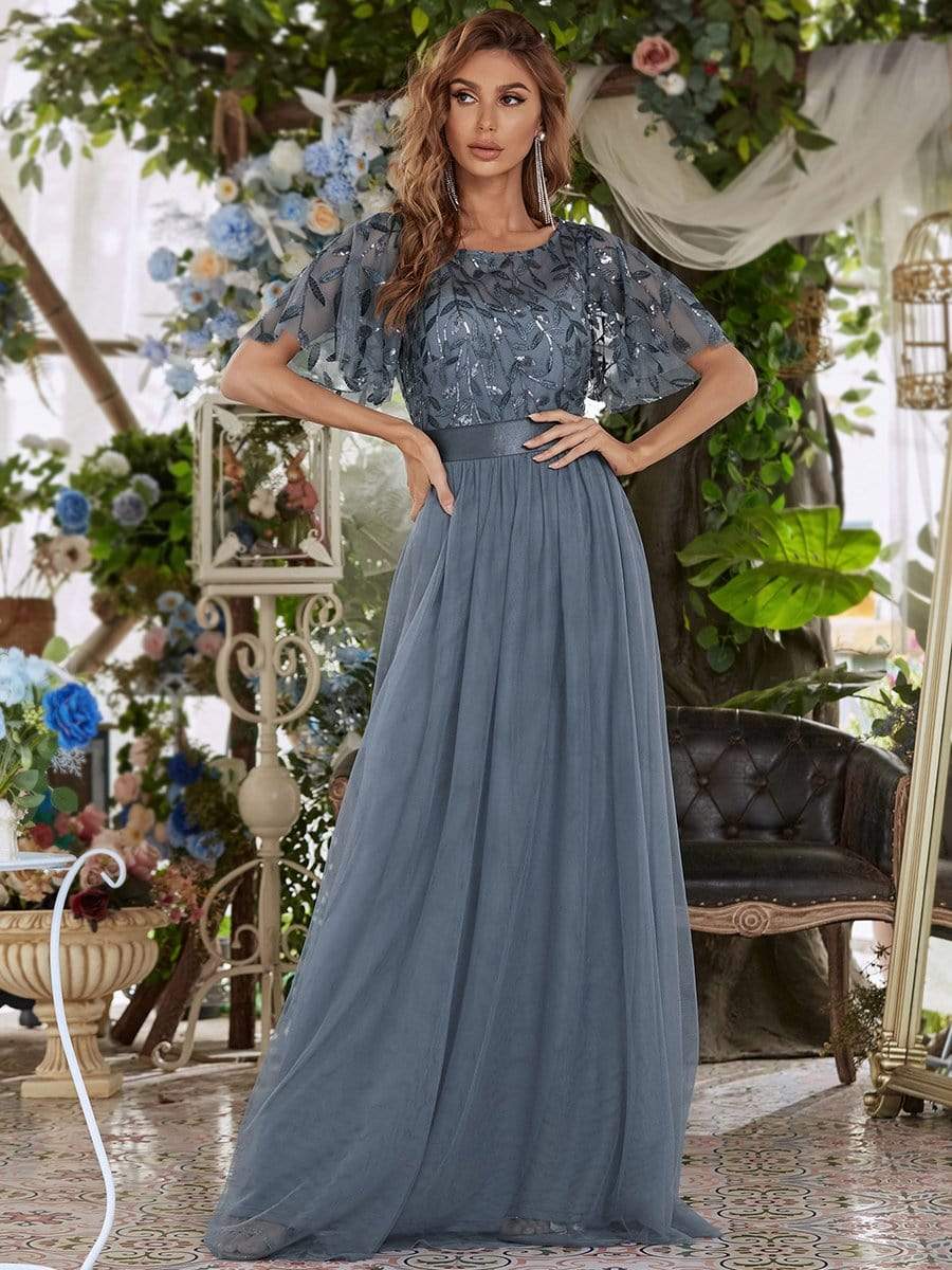 Color=Dusty Navy | Women'S A-Line Short Sleeve Embroidery Floor Length Evening Dress-Dusty Navy 1