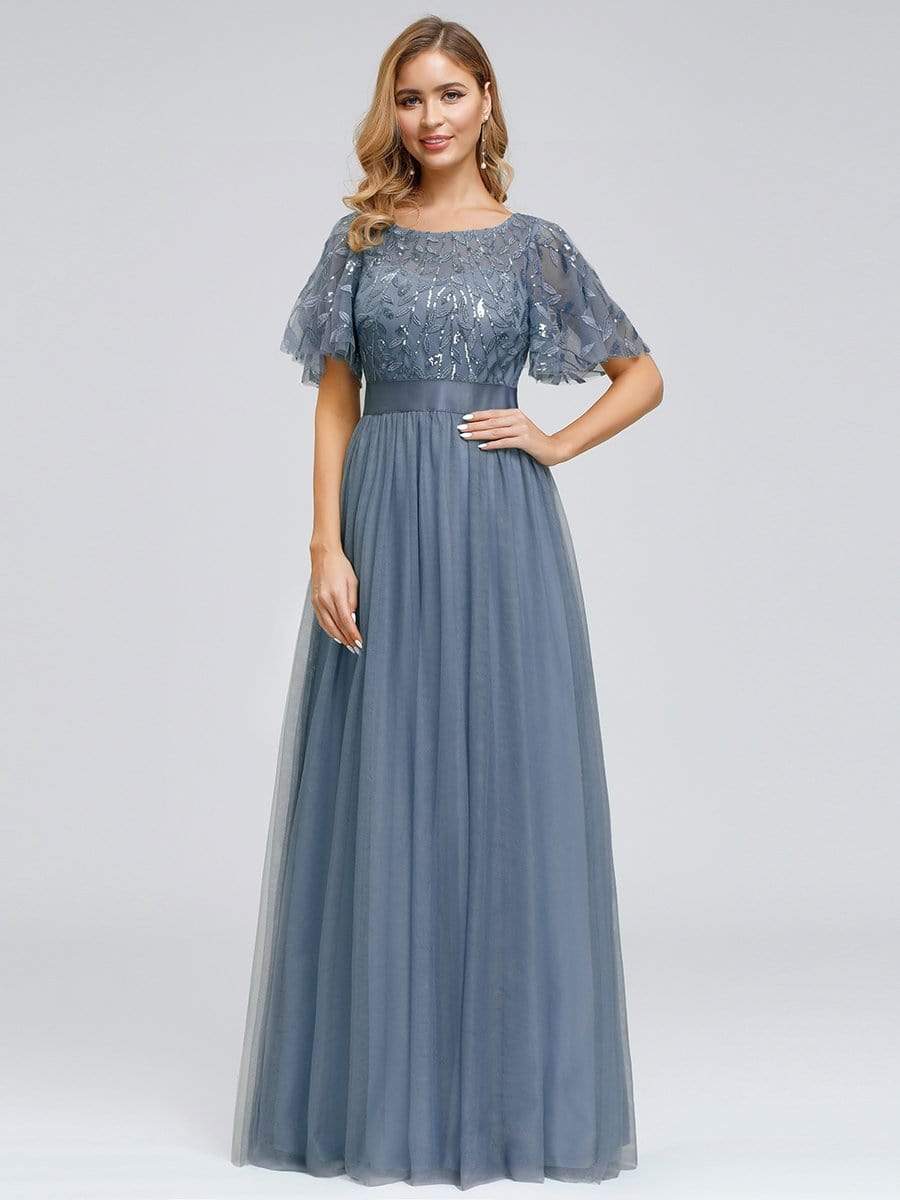 COLOR=Dusty Navy | Women'S A-Line Short Sleeve Embroidery Floor Length Evening Dresses-Dusty Navy 3