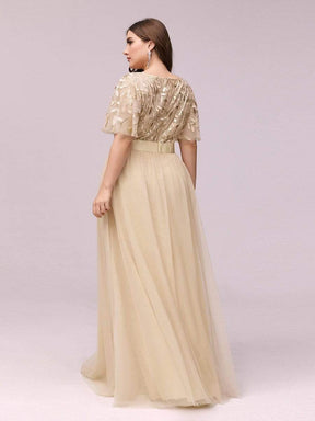 COLOR=Gold | Plus Size Women'S Embroidery Evening Dresses With Short Sleeve-Gold 2