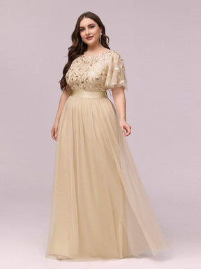 COLOR=Gold | Plus Size Women'S Embroidery Evening Dresses With Short Sleeve-Gold 3