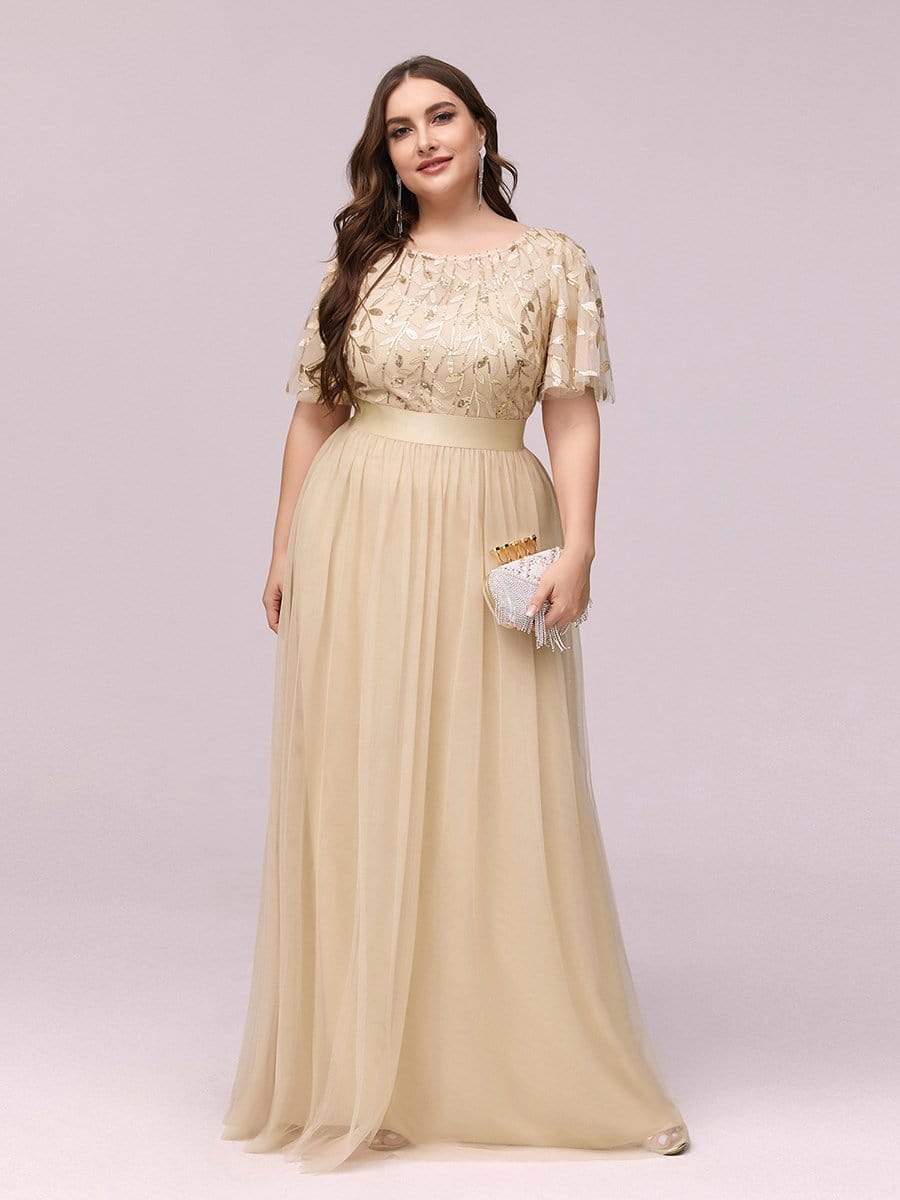 COLOR=Gold | Plus Size Women'S Embroidery Evening Dresses With Short Sleeve-Gold 4