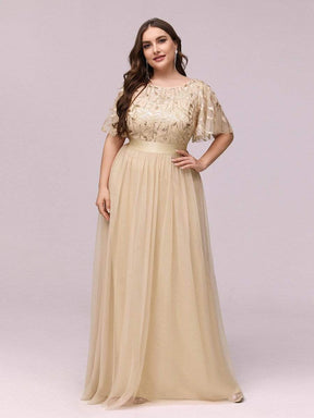 COLOR=Gold | Plus Size Women'S Embroidery Evening Dresses With Short Sleeve-Gold 1