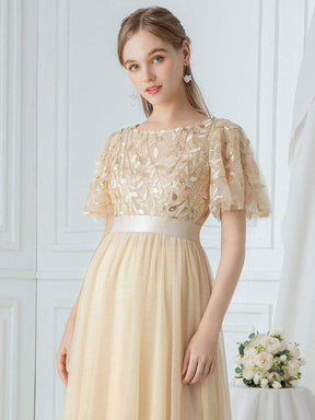 COLOR=Gold | Women'S A-Line Short Sleeve Embroidery Floor Length Evening Dresses-Gold 16