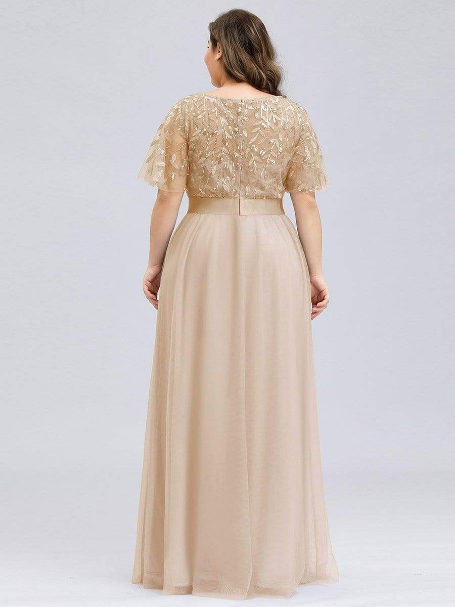 COLOR=Gold | Women'S A-Line Short Sleeve Embroidery Floor Length Evening Dresses-Gold 10