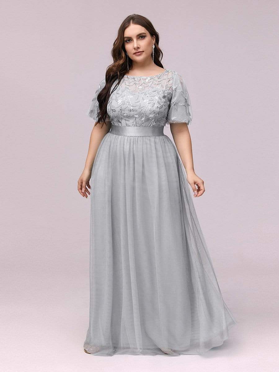 Color=Grey | Plus Size Women'S Embroidery Evening Dresses With Short Sleeve-Grey 3