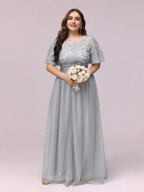 Color=Grey | Plus Size Women'S Embroidery Evening Dresses With Short Sleeve-Grey 4
