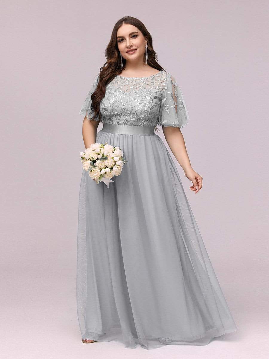 Color=Grey | Plus Size Women'S Embroidery Evening Dresses With Short Sleeve-Grey 1