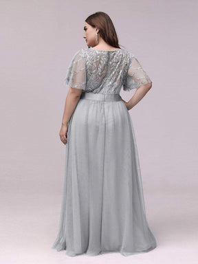 Color=Grey | Women'S A-Line Short Sleeve Embroidery Floor Length Evening Dresses-Grey 8