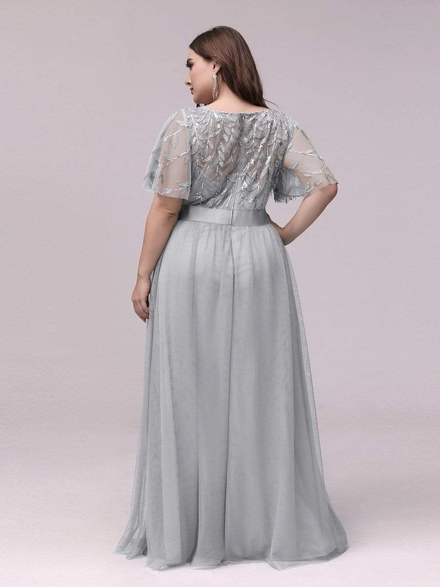 Color=Grey | Plus Size Women'S Embroidery Evening Dresses With Short Sleeve-Grey 2