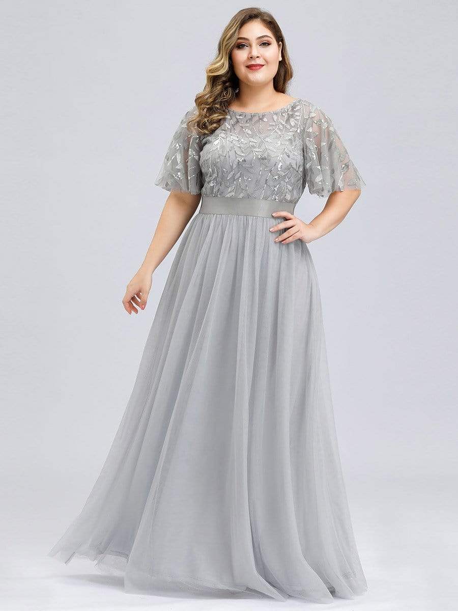 Women s A Line Short Sleeve Embroidery Floor Length Evening Dresses