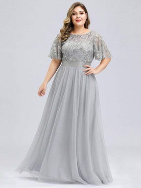 Color=Grey | Women'S A-Line Short Sleeve Embroidery Floor Length Evening Dresses-Grey 7