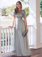 Color=Grey | Women'S A-Line Short Sleeve Embroidery Floor Length Evening Dresses-Grey 1