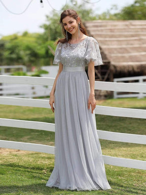 Color=Grey | Women'S A-Line Short Sleeve Embroidery Floor Length Evening Dresses-Grey 3