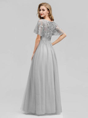 Color=Grey | Women'S A-Line Short Sleeve Embroidery Floor Length Evening Dresses-Grey 6