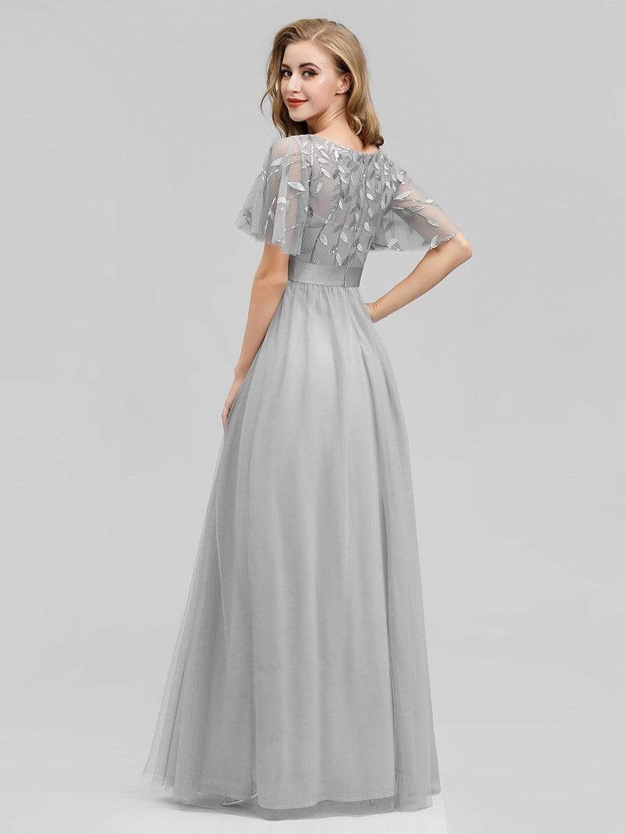 Color=Grey | Women'S A-Line Short Sleeve Embroidery Floor Length Evening Dresses-Grey 6