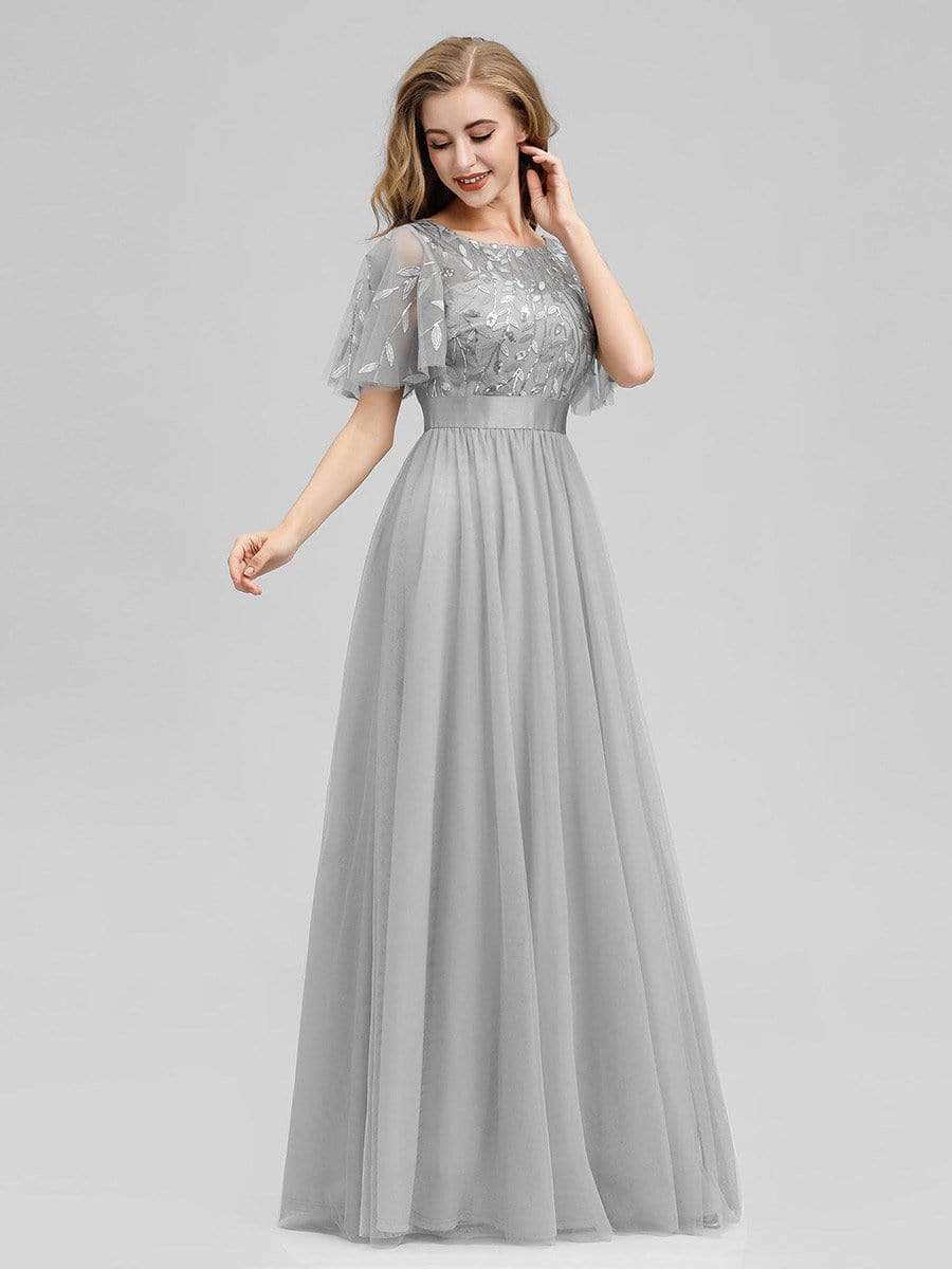 Color=Grey | Women'S A-Line Short Sleeve Embroidery Floor Length Evening Dresses-Grey 5