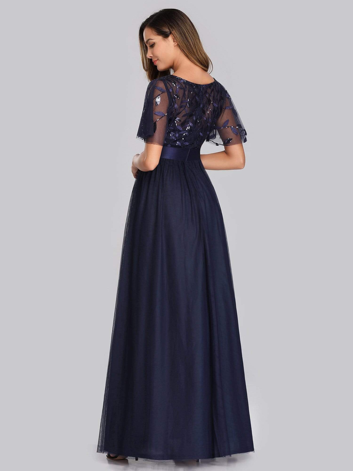 COLOR=Navy Blue | Women'S A-Line Short Sleeve Embroidery Floor Length Evening Dresses-Navy Blue 4