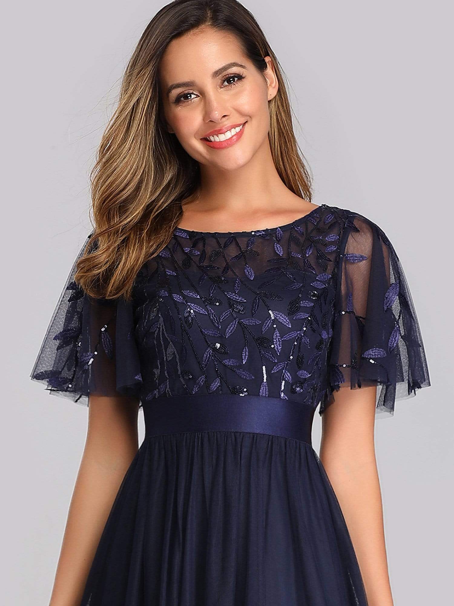 COLOR=Navy Blue | Women'S A-Line Short Sleeve Embroidery Floor Length Evening Dresses-Navy Blue 5