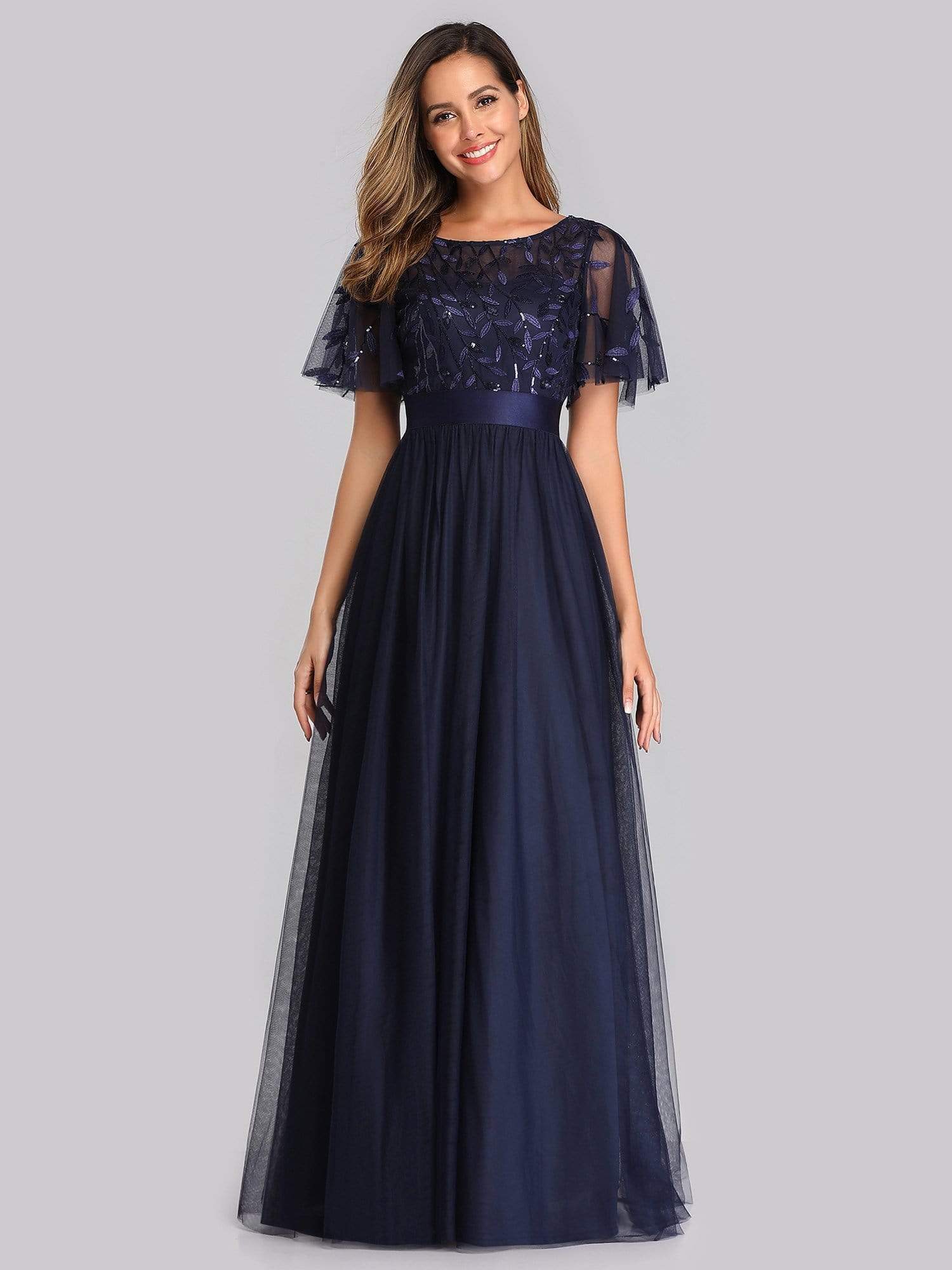 COLOR=Navy Blue | Women'S A-Line Short Sleeve Embroidery Floor Length Evening Dresses-Navy Blue 3