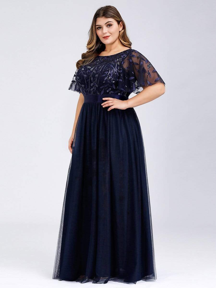 Women's A-Line Short Sleeve Embroidery Floor Length Evening Dresses