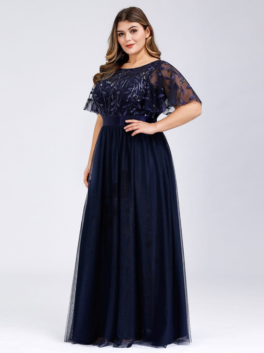 COLOR=Navy Blue | Plus Size Women'S Embroidery Evening Dresses With Short Sleeve-Navy Blue 3