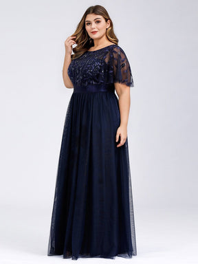 COLOR=Navy Blue | Plus Size Women'S Embroidery Evening Dresses With Short Sleeve-Navy Blue 4