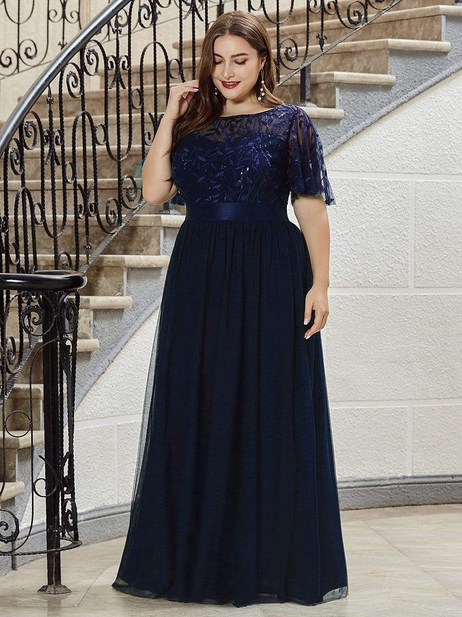 COLOR=Navy Blue | Women'S A-Line Short Sleeve Embroidery Floor Length Evening Dresses-Navy Blue 6