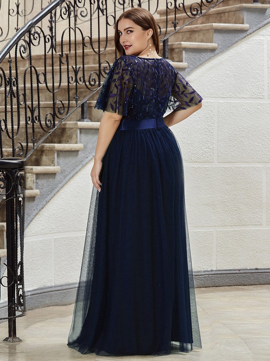 COLOR=Navy Blue | Plus Size Women'S Embroidery Evening Dresses With Short Sleeve-Navy Blue 2
