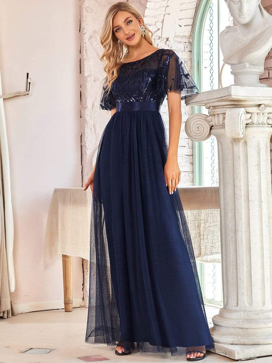 COLOR=Navy Blue | Women'S A-Line Short Sleeve Embroidery Floor Length Evening Dresses-Navy Blue 1