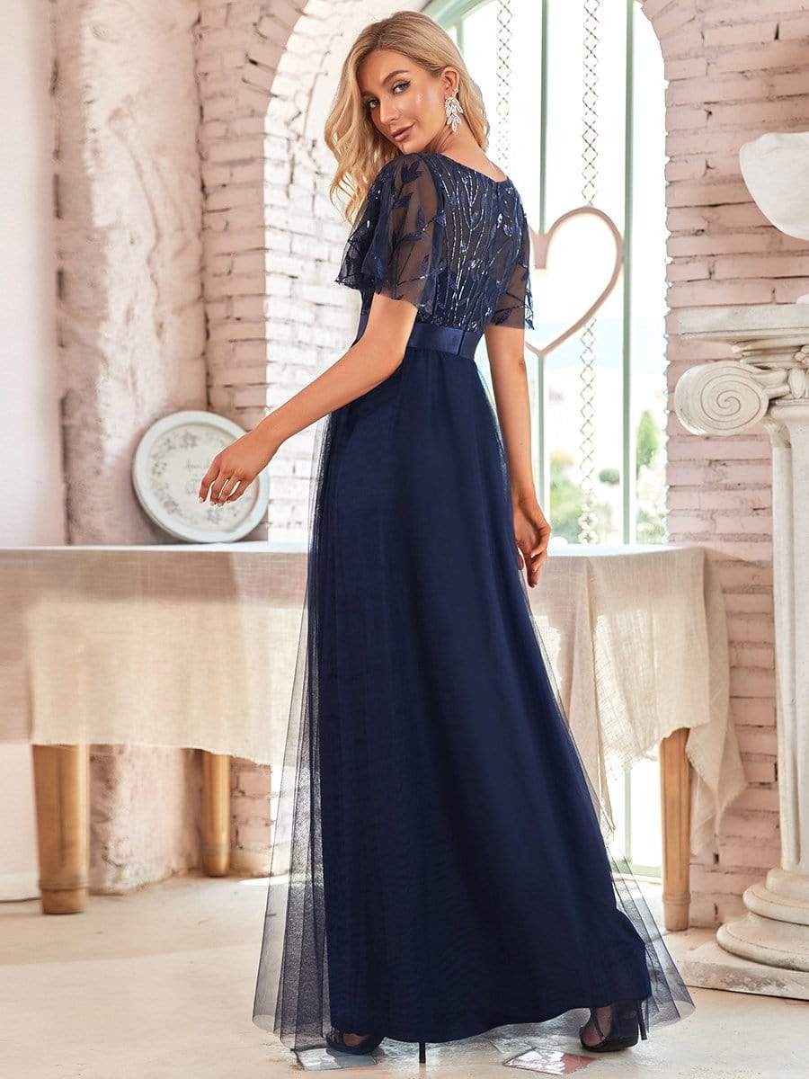 COLOR=Navy Blue | Women'S A-Line Short Sleeve Embroidery Floor Length Evening Dresses-Navy Blue 2