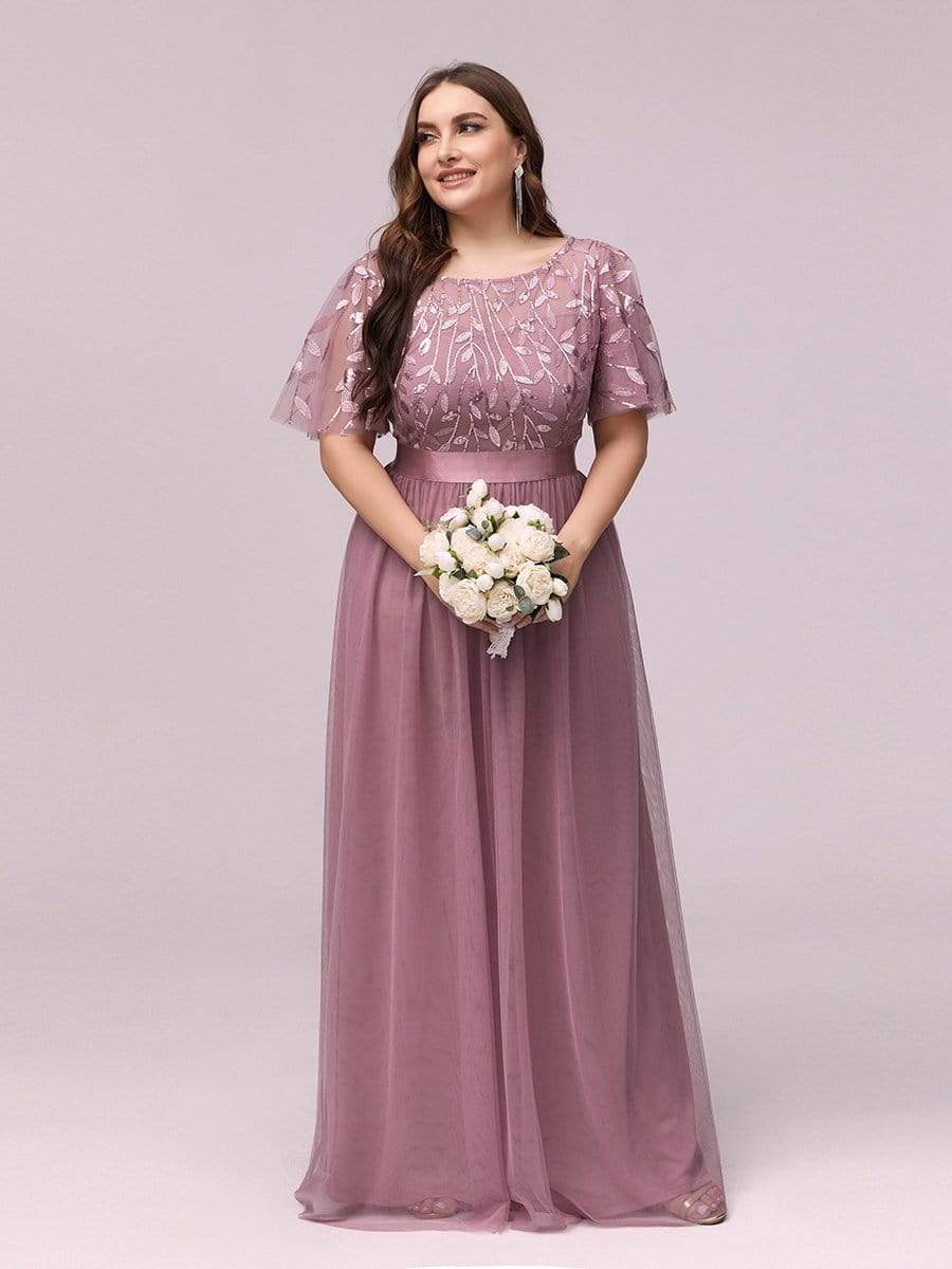 Color=Purple Orchid | Women'S A-Line Short Sleeve Embroidery Floor Length Evening Dresses-Purple Orchid 5