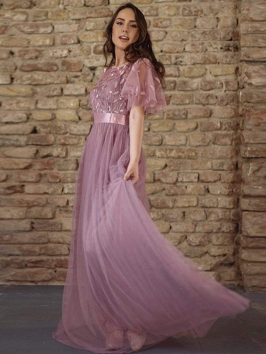 Color=Purple Orchid | Women'S A-Line Short Sleeve Embroidery Floor Length Evening Dresses-Purple Orchid 8