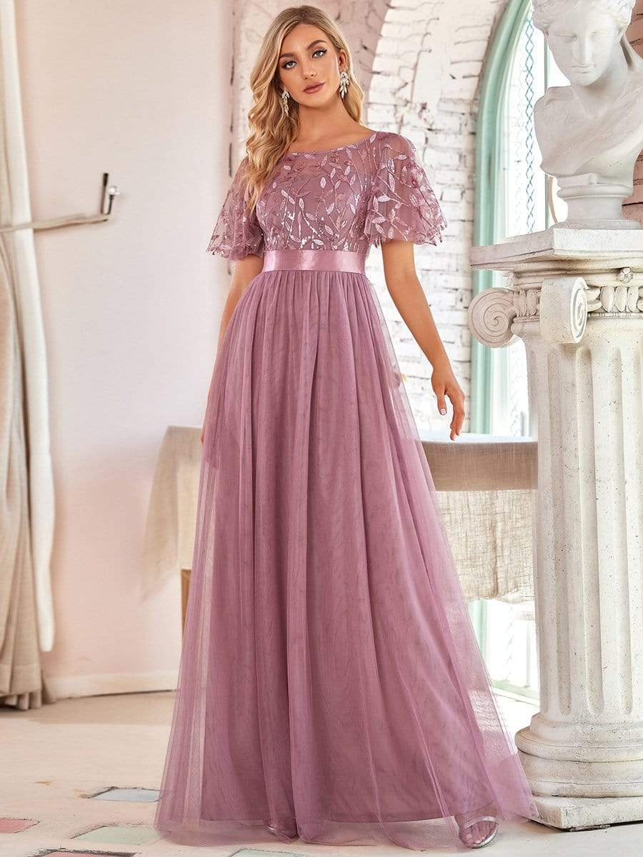 Color=Purple Orchid | Women'S A-Line Short Sleeve Embroidery Floor Length Evening Dresses-Purple Orchid 1