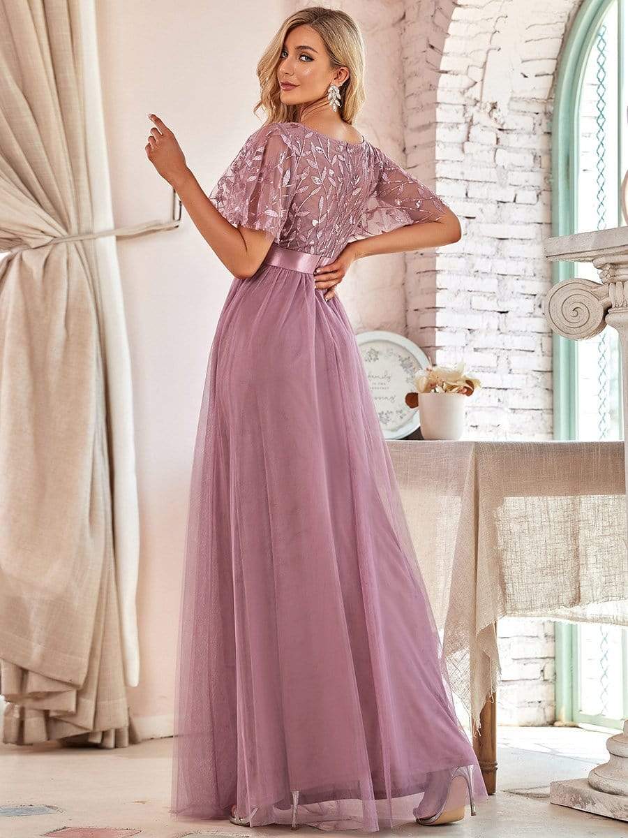 Color=Purple Orchid | Women'S A-Line Short Sleeve Embroidery Floor Length Evening Dresses-Purple Orchid 2