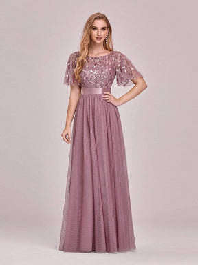 Color=Purple Orchid | Women'S A-Line Short Sleeve Embroidery Floor Length Evening Dresses-Purple Orchid 3