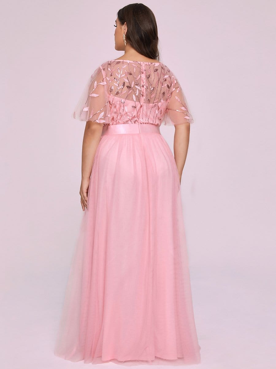 Color=Pink | Women'S A-Line Short Sleeve Embroidery Floor Length Evening Dresses-Pink 6