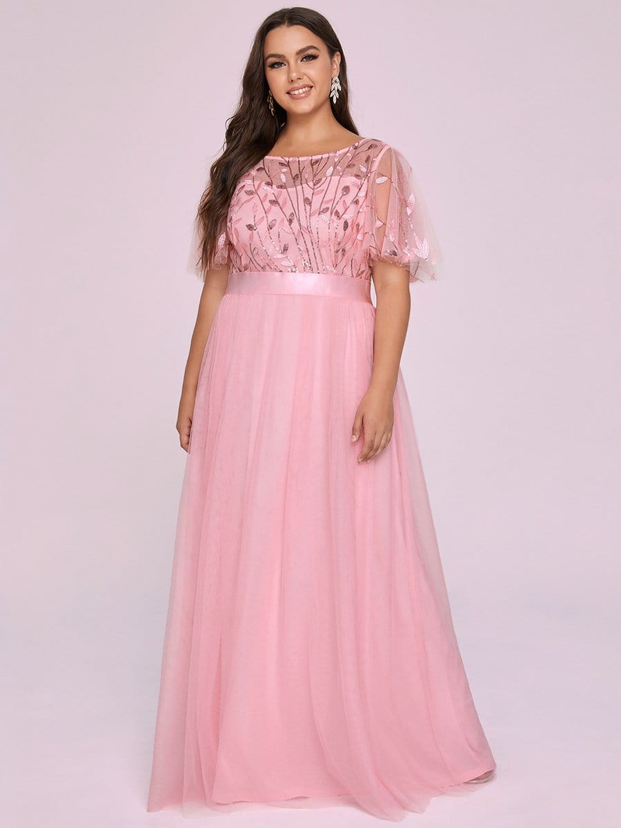 Color=Pink | Women'S A-Line Short Sleeve Embroidery Floor Length Evening Dresses-Pink 5