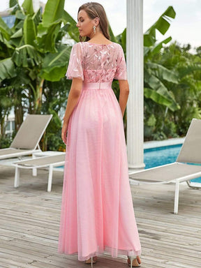 Color=Pink | Women'S A-Line Short Sleeve Embroidery Floor Length Evening Dresses-Pink 2