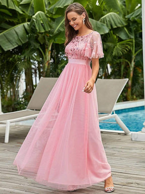 Color=Pink | Women'S A-Line Short Sleeve Embroidery Floor Length Evening Dresses-Pink 4