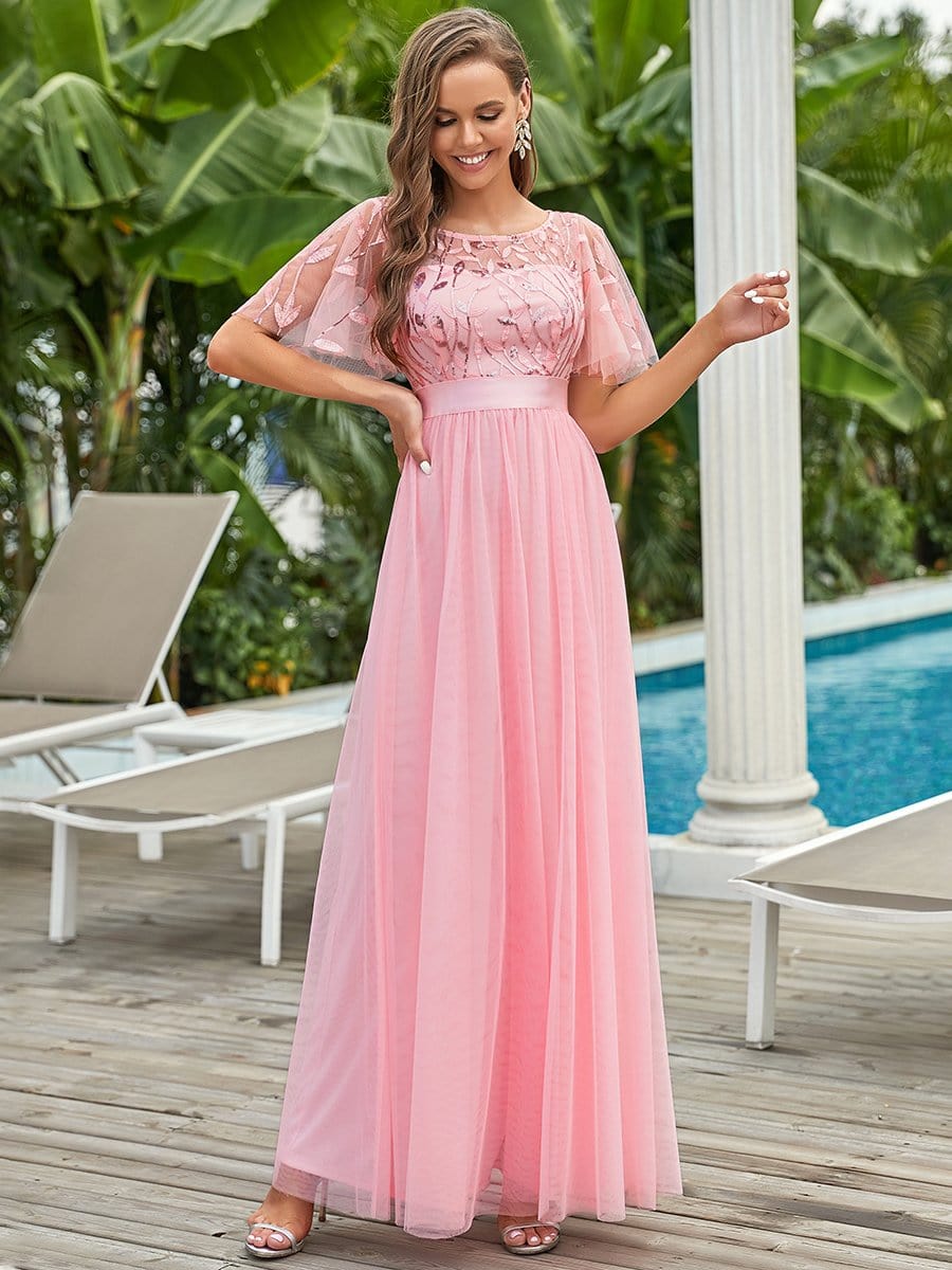 Color=Pink | Women'S A-Line Short Sleeve Embroidery Floor Length Evening Dresses-Pink 1