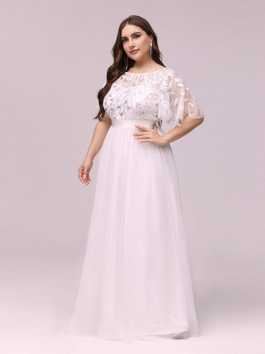 COLOR=White | Plus Size Women'S Embroidery Evening Dresses With Short Sleeve-White 3