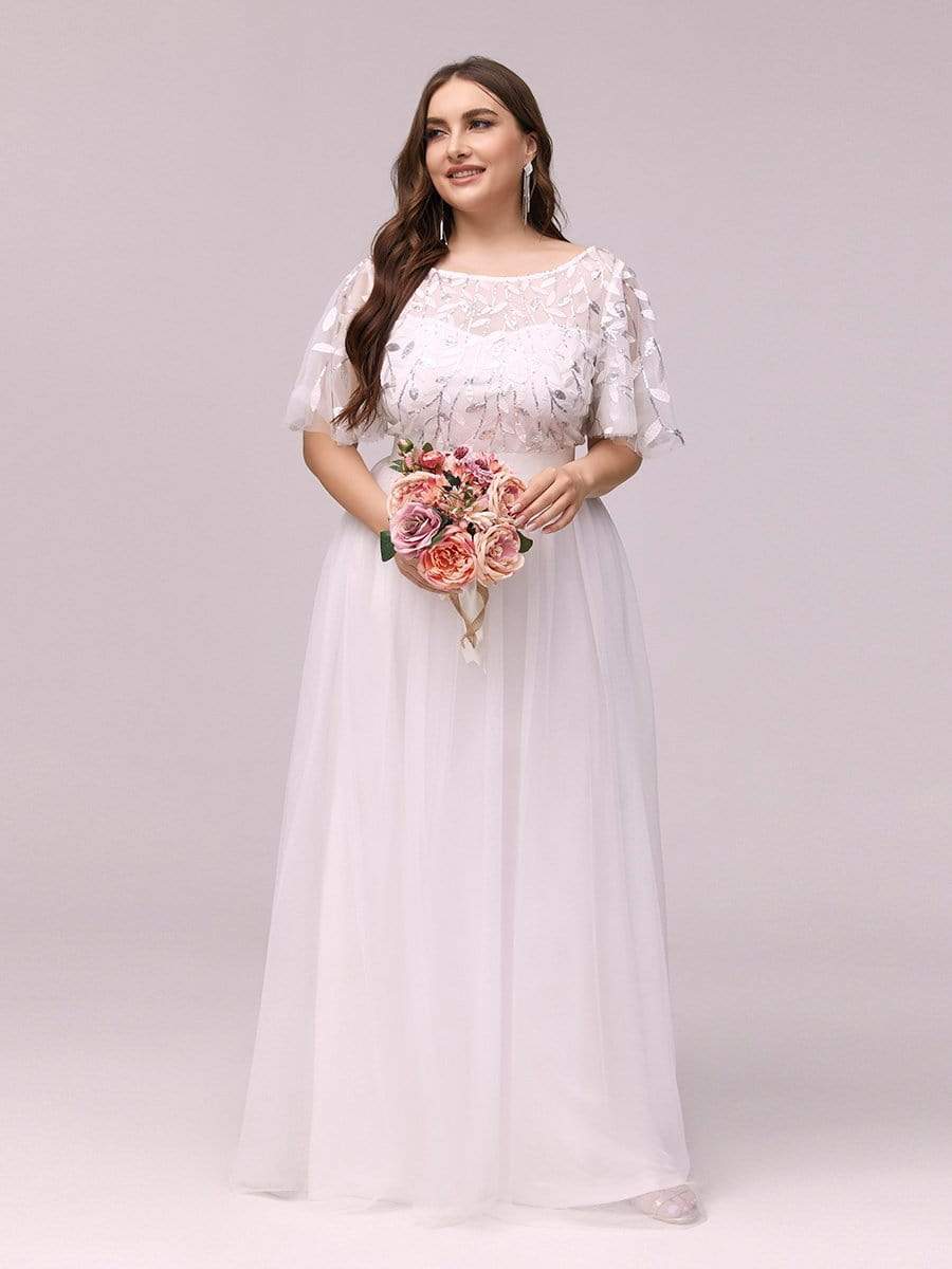 COLOR=White | Women'S A-Line Short Sleeve Embroidery Floor Length Evening Dresses-White 5