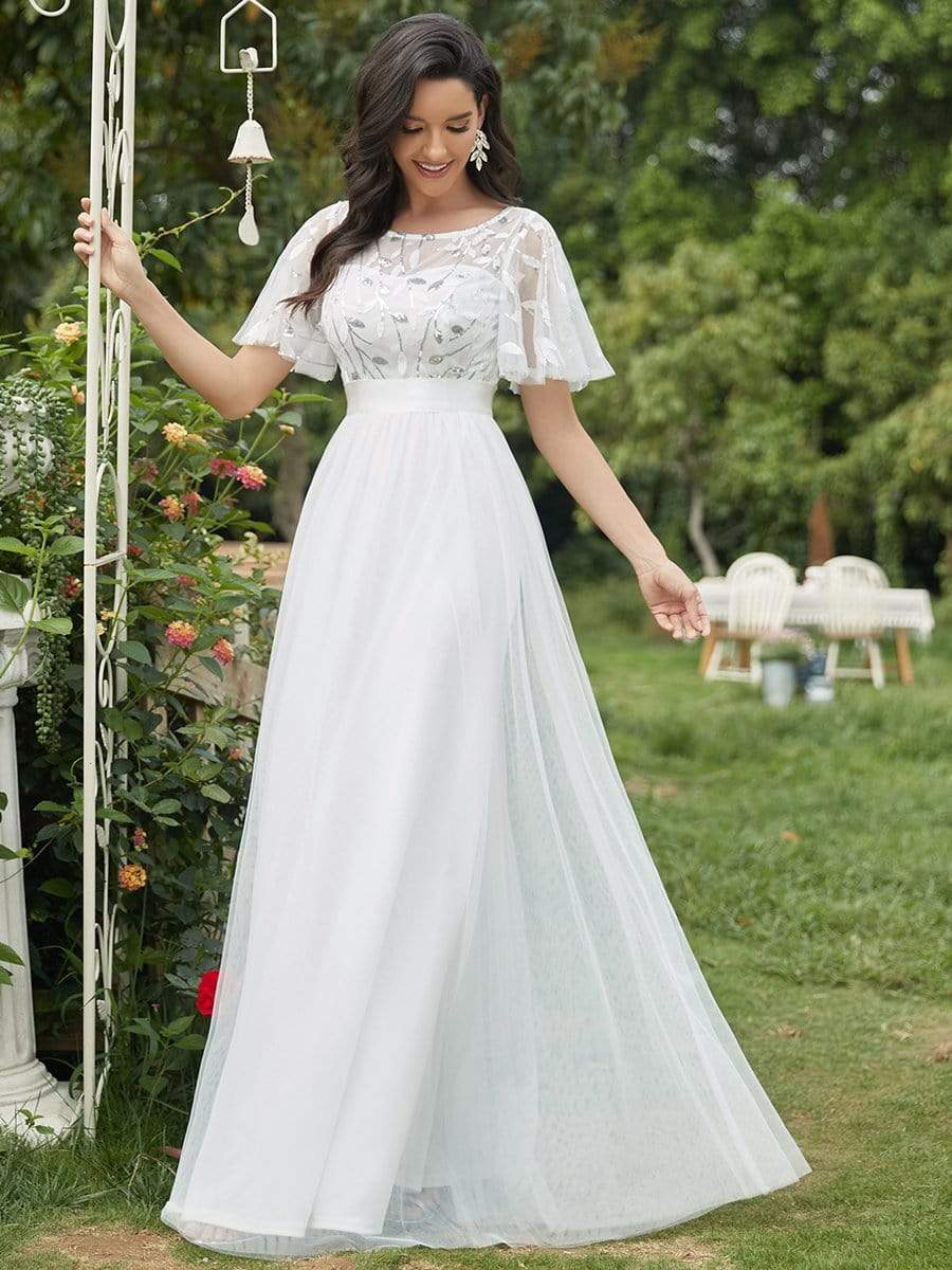 COLOR=White | Women'S A-Line Short Sleeve Embroidery Floor Length Evening Dresses-White 1