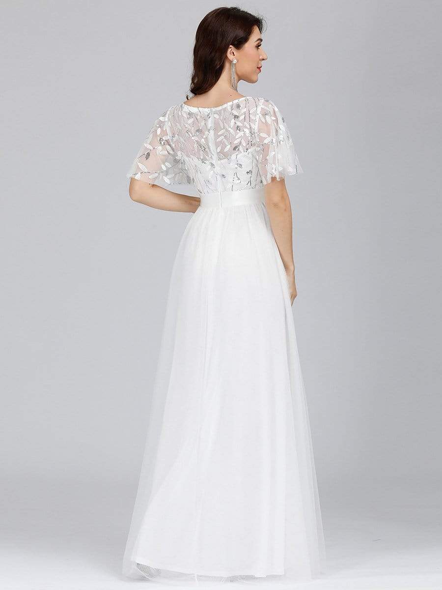 COLOR=White | Women'S A-Line Short Sleeve Embroidery Floor Length Evening Dresses-White 4